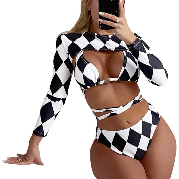 Wrap Around Long Sleeve Women's 3 Piece Bikini Swimsuit - Picture 1 of 9